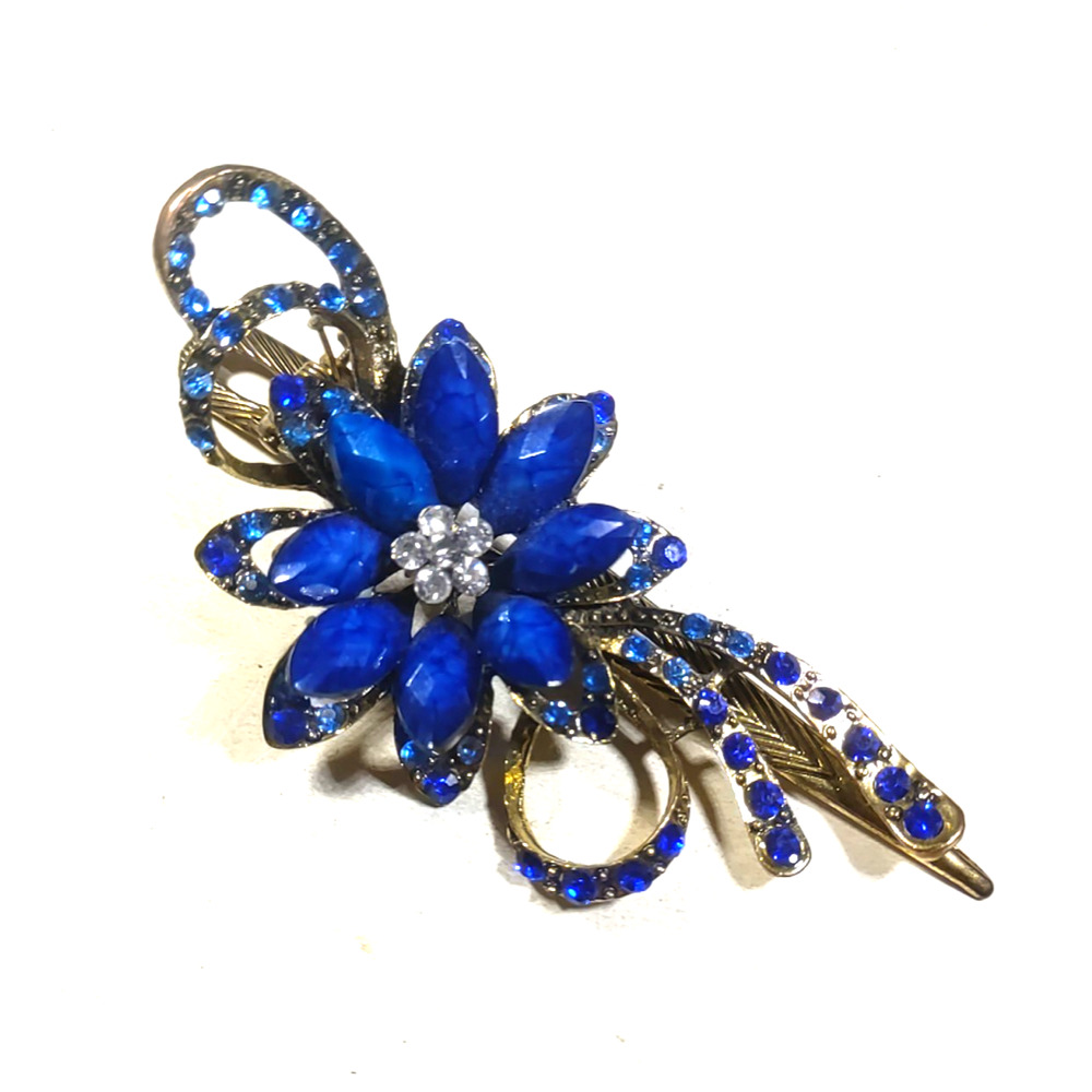 Royal Blue Hair Barrette Clip Floral Blue Rhinestone Gold Tone Elegant... - Picture 2 of 7